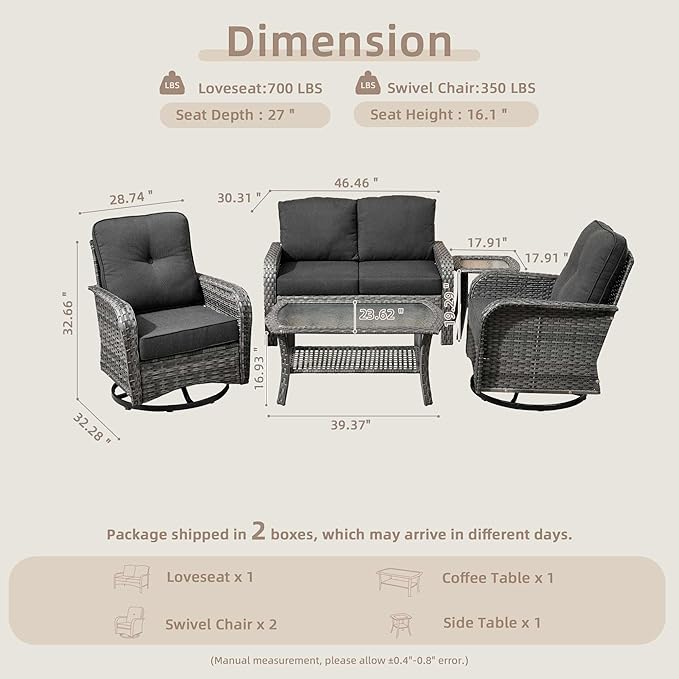 5 Pieces Patio Furniture Set,Outdoor Furniture with Rockers, Rattan Conversation Sets w/Coffee Table, Grey Wicker Black Cushion