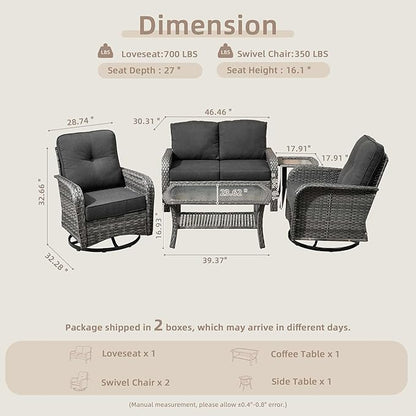 5 Pieces Patio Furniture Set,Outdoor Furniture with Rockers, Rattan Conversation Sets w/Coffee Table, Grey Wicker Black Cushion