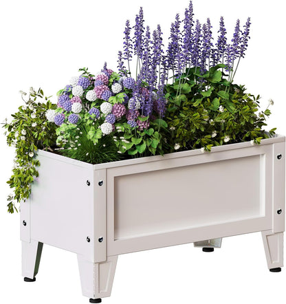 Raised Garden Bed with Low Profile Design Metal Planter Box for Growing Fresh Herbs Vegetables Flowers Succulents&Other Plants for Outdoor Backyard Patio Deck Balcony White
