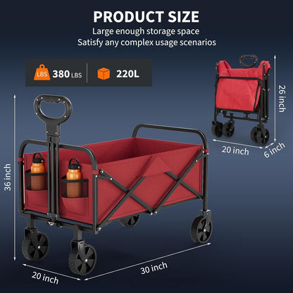Foldable Wagon Cart, 380LBS Capacity Collapsible Wagon with All-Terrain Wheels, 220L Foldable Utility Cart & Grocery Cart on Wheels, Portable Lightweight 12LBS for Outdoor, Beach, Garden (Red)