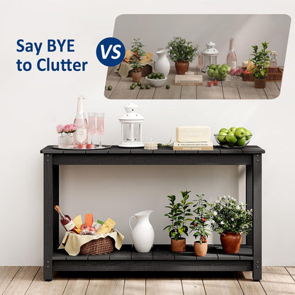 Outdoor Console Table, 48" Weather Resistant HIPS Patio Side Table, 440LBS Weight Capacity, 2-Tier Multifunctional Buffet Bar Storage Organizer for Garden Deck, Black