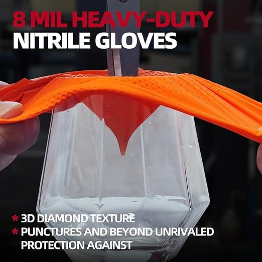 Jointown Basic Heavy Duty Nitrile Gloves, Mechanic Gloves 8 Mil Nitrile Disposable, with Raised Diamond Texture, Case of 100, Orange, Large