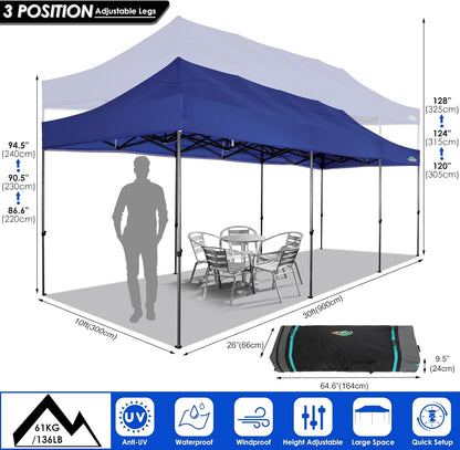 COBIZI 10x30 Pop up Canopy Tent 10x30 Canopy with Sidewalls, Heavy Duty Party Tent Tents for Parties, Foldable UPF 50+ Waterproof Commercial Easy up Canopy with Roller Bag, Navy Blue(Windproof)