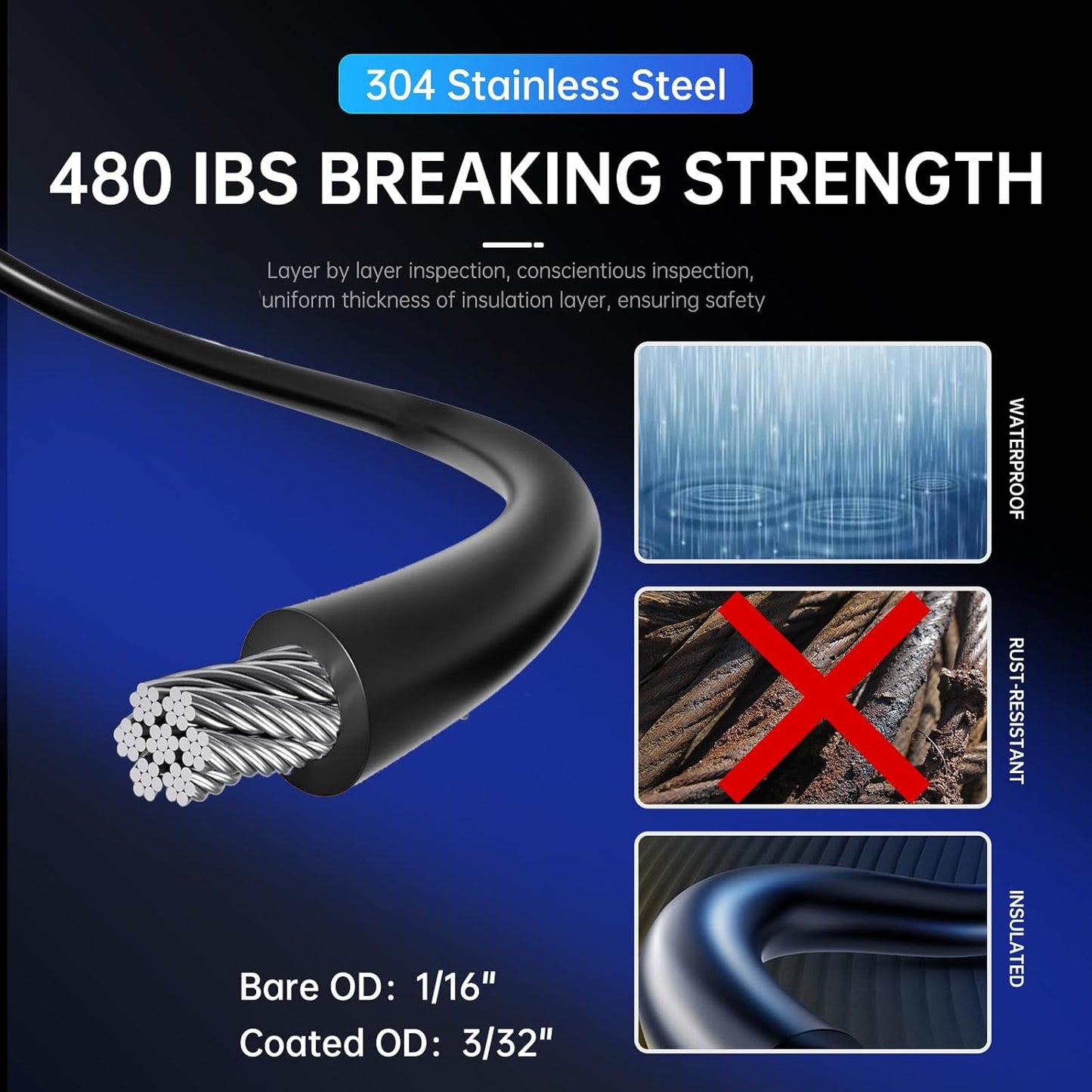 164FT Black Vinyl-Coated 304 Stainless Steel Cable – Heavy Duty String Lights Hanging Kit with Turnbuckle, Thimble & Hooks for Outdoor, Patio, Garden, Christmas Lights