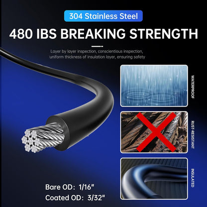 164FT Black Vinyl-Coated 304 Stainless Steel Cable – Heavy Duty String Lights Hanging Kit with Turnbuckle, Thimble & Hooks for Outdoor, Patio, Garden, Christmas Lights