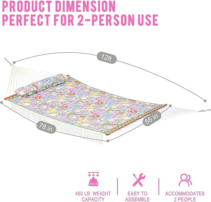 Lazy Daze Hammocks 12 FT Double Layered Quilted Fabric Hammock Swing with Pillow and Carrying Bag, Elegant Tassels and Spread Bar Heavy Duty Stylish for Two Person 450lbs, Floral