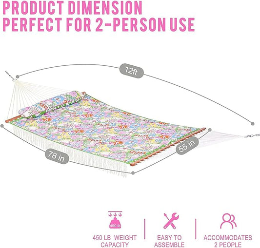 Lazy Daze Hammocks 12 FT Double Layered Quilted Fabric Hammock Swing with Pillow and Carrying Bag, Elegant Tassels and Spread Bar Heavy Duty Stylish for Two Person 450lbs, Floral
