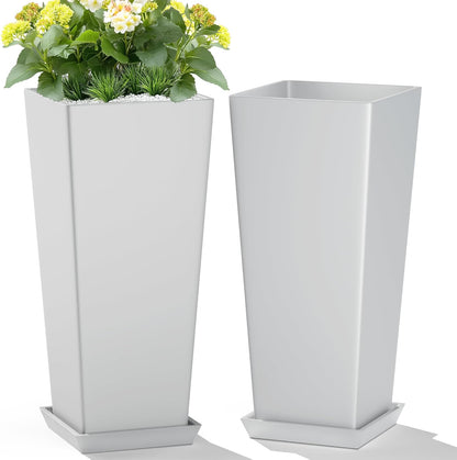 Set of 2 Tall Planters, 24" Large Indoor Outdoor Flower Pots with Tray, Modern Tapered Planters for Porch, Patio, Garden, Backyard(White)
