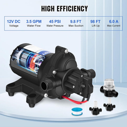 ECO-WORTHY RV Fresh Water Pump 12V DC 3.5GPM 45PSI with Pressure Switch, 12Volt Self Priming Water Pressure Diaphragm Pump On demand for RV Yacht Camper Sprayer Food Truck Black