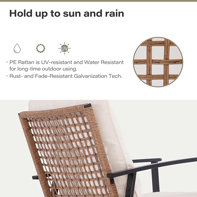 LAUSAINT Home 3 Pieces Rocking Bistro Set, Wicker Patio Bistro Set with 2 Rocking Chairs and 1 Coffee Table, Outdoor Swivel Rocker Patio Chairs with Thickened Cushions for Porch, Backyard (Beige)