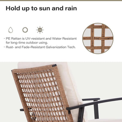 LAUSAINT Home 3 Pieces Rocking Bistro Set, Wicker Patio Bistro Set with 2 Rocking Chairs and 1 Coffee Table, Outdoor Swivel Rocker Patio Chairs with Thickened Cushions for Porch, Backyard (Beige)