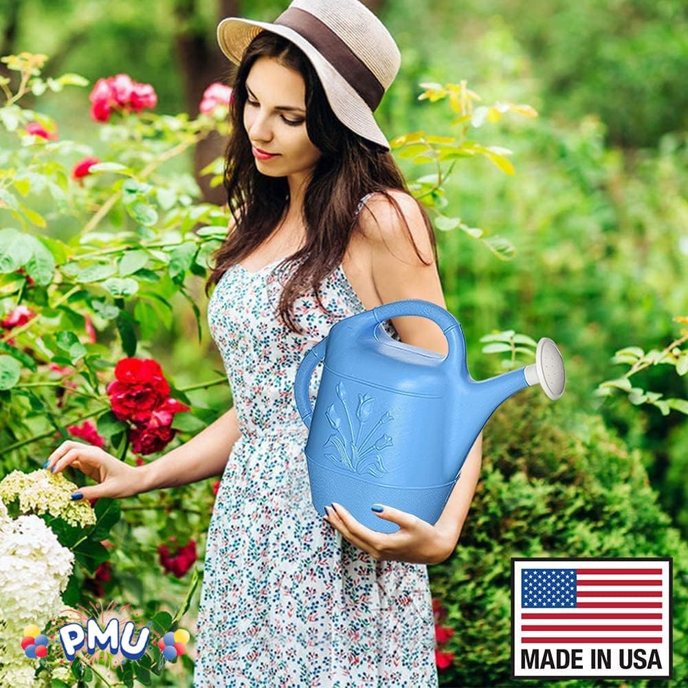 PMU 2 Gallon Watering Can - Garden Watering Can for Indoor & Outdoor Plants - Plastic Water Can with Detachable Sprinkler Head - Large Water Pot, Made in USA - Blue Pkg/6
