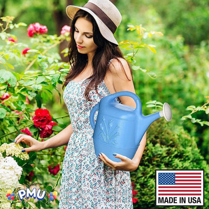 PMU 2 Gallon Watering Can - Garden Watering Can for Indoor & Outdoor Plants - Plastic Water Can with Detachable Sprinkler Head - Large Water Pot, Made in USA - Blue Pkg/3