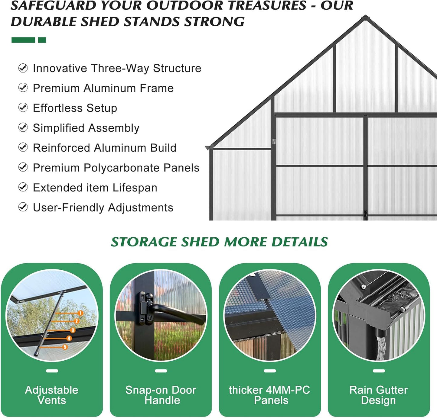 10'x10'x16' Snap-Together Greenhouse - Easy 3-Way Connectors, Heavy-Duty Aluminum Frame, Wind/Snow Resistant for Gardening/Urban Farming, Includes Sliding Door & Ventilation Windows