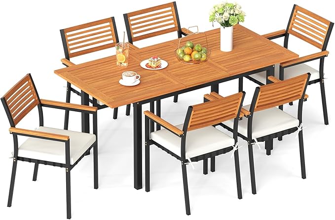 Tangkula 7-Piece Patio Dining Set, Outdoor Acacia Wood Cushioned Chairs and 51”-64” Expandable Rectangular Table Set, with Umbrella Hole, 6 Stackable Armchairs, for Poolside Garden (Off White)