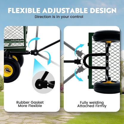 Steel Garden Cart, 2-in-1 Heavy Duty Utility Wagon 900 LBS Capacity Carts with Removable Mesh Sides to Convert into Flatbed, 240° U-Turn 10" Pneumatic Tires Garden Wagon for Lawn Camping Farm Yard