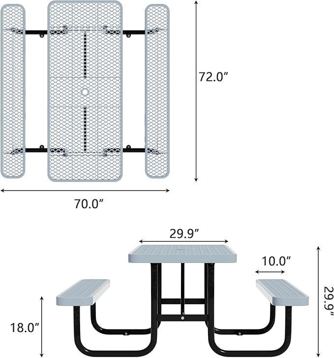 72'' Rectangular Steel Picnic Table for Outdoors,Commercial Metal Picnic Table Bench Set with Umbrella Hole,School Canteen Table W/Seats - Heavy Duty Sturdy Picnic Tables Furniture for Patio Garden