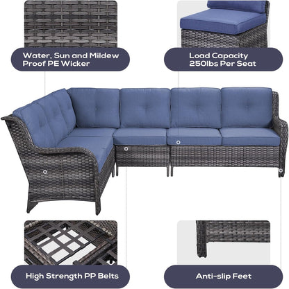Outdoor Furniture Sectional Sofa L Shaped Couch - Patio Wicker Furniture Set with Coffee Table, 3 Piece Rattan Patio Conversation Sets with Blue Cushion for Deck Backyard Sunroom