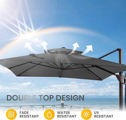 10 X 13 FT Cantilever Patio Umbrella with Base Included Outdoor Heavy Duty Double Top Windproof Rectangle Offset Umbrellas with 360-degree Rotation for Pool Deck Backyard, Grey