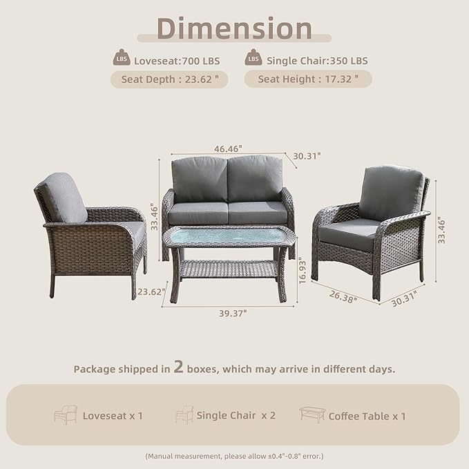 4-Piece Wicker Patio Furniture Set, All-Weather Rattan Conversation Bistro Loveseat Chair and Table Set for Backyard, Balcony and Deck with Soft Cushions and Metal Table(Dark Gray)