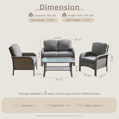 4-Piece Wicker Patio Furniture Set, All-Weather Rattan Conversation Bistro Loveseat Chair and Table Set for Backyard, Balcony and Deck with Soft Cushions and Metal Table(Dark Gray)