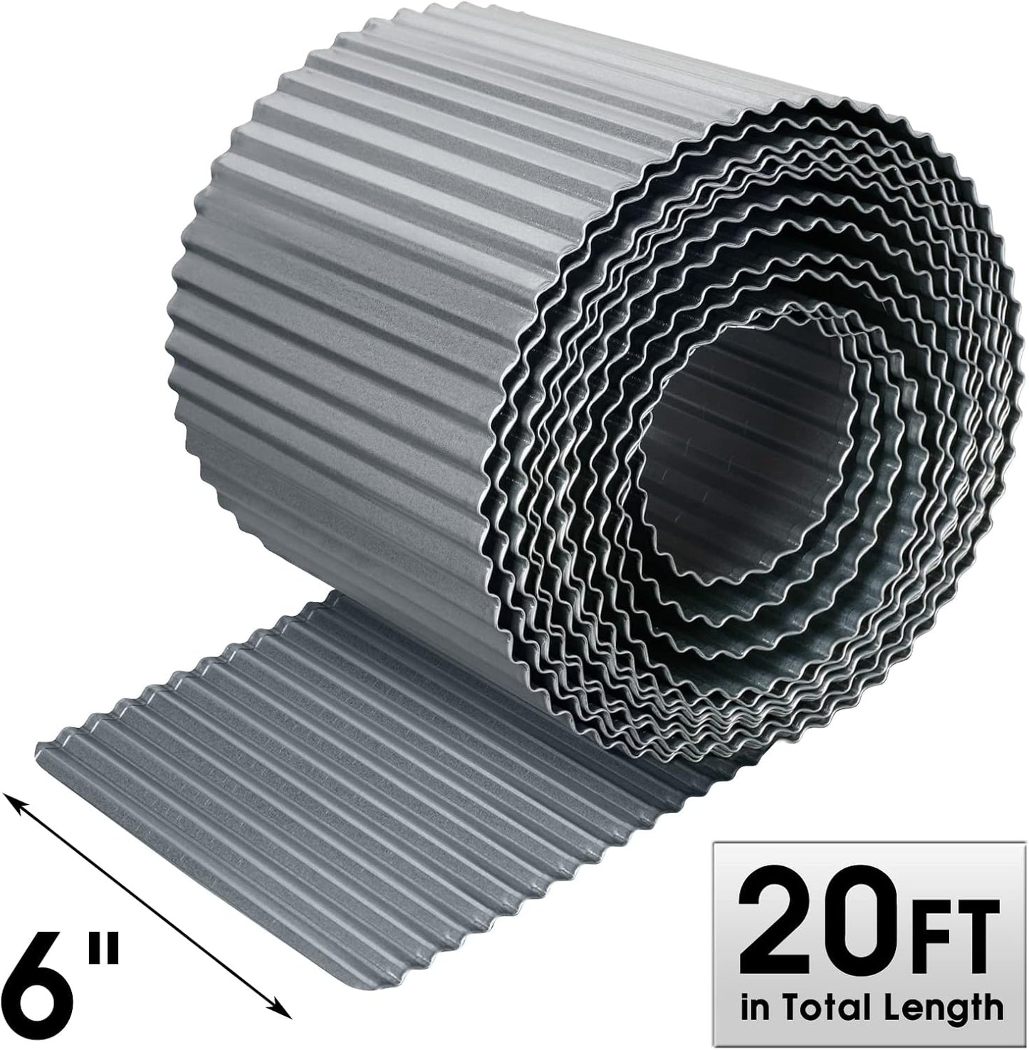 Worth Narrow-Corrugated Garden Edging, 6" x20Ft Sturdy Galvanized Steel Landscape Edging Bendable Metal Lawn Long Strips of Garden Border for Raised Flower Bed Tree Surrounds, Silver