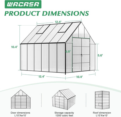 10x10x12 FT Heavy-Duty Greenhouse 2.0 with Polycarbonate Panels, Swing Door, Hinged Roof Vent, and Rain Gutters for Outdoor Use, Aluminum Black