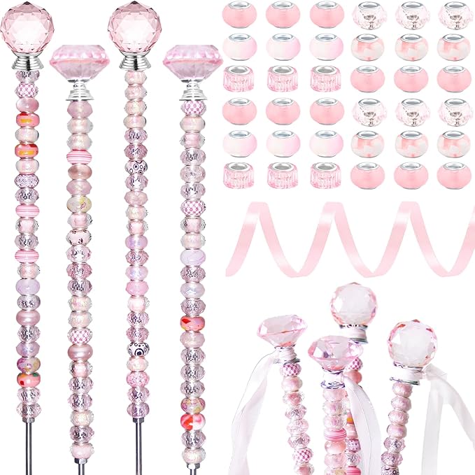 119 Pcs Garden Stake DIY Fairy Wand Plant Stake with Pink Large Hole Beads Crystal Diamond Stopper Top 4 Stainless Steel Threaded Rod Beaded Garden Stakes for Outdoor Indoor Yard Patio Decorations