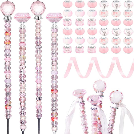119 Pcs Garden Stake DIY Fairy Wand Plant Stake with Pink Large Hole Beads Crystal Diamond Stopper Top 4 Stainless Steel Threaded Rod Beaded Garden Stakes for Outdoor Indoor Yard Patio Decorations