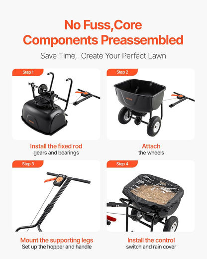 VEVOR Broadcast Spreader, 60LBS Capacity, Walk-Behind Push Spreader, 0-9.8 ft Spreading Width, 10 in All Terrain Pneumatic Tires, Lawn Spreaders with Hopper Grate, for Seed, Fertilizer, Ice Melt