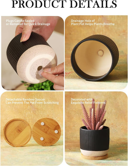 AOMRYOM 4 Inch Small Ceramic Plant Pots with Drainage Hole and Saucer, Modern Flower Planter for Succulent, Indoor Plants, Cactus, Herbs, Black, Set of 4 (Plant Not Included)