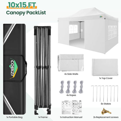 COBIZI 10x15 Heavy Duty Pop up Canopy Tent with 4 sidewalls Commercial Outdoor Canopy Wedding Party Tents for Wedding All Season Wind & Waterproof Gazebo with Carry Bag, White(Frame Thickened)