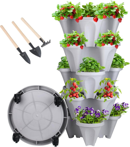 DUNCHATY Stackable Planter, Vertical Garden Planter with Wheels and Garden Tools, Strawberry Planter Indoor/Outdoor 5 Tier Herb Planter Pots for Growing Vegetables and Succulents,Gray