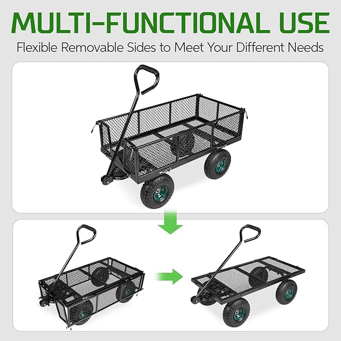 Taifa Heavy Duty Utility Steel Garden Cart 880 Lbs Capacity with Detachable Side Panels Convert to Flatbed for Yard Lawn and Farm, Metal Wagon with 180° Rotating Handle, Black