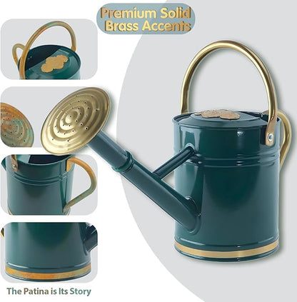 1 Gallon Galvanized Metal Watering Can with Solid Brass Sprout, Handle & Base Trim - Genuine Forged Copper Joints for Indoor/Outdoor Plants, Garden, Balcony for Kids and Adults (Emerald Brass)