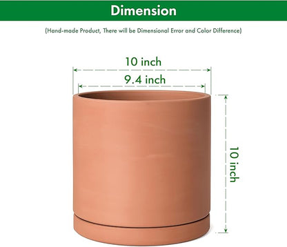D'vine Dev Large 10 Inch Terracotta Plant Pot with Drainage Hole and Saucer, Round Cylinder Planter Pot for Indoor Plants, Set of 2, 40-X-B-5