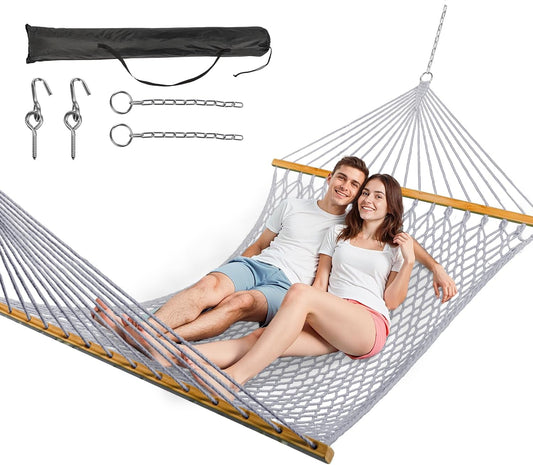 Double Hammock for 2 Person, Handwoven Cotton Rope Hammock with Spreader Bar Without Stand - Indoor & Outdoor Use for Patio, Poolside, Backyard (Grey)