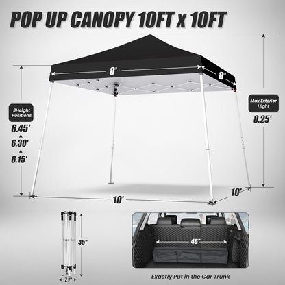 10x10 Pop Up Canopy, 300D Silver Coated Black Fabric Outdoor Gazebo, Beach Tent Slant Legs with Storage Bag,Easy Up Sun Shade Shelter Tents with 8x8 Top Cover for Patio,Party
