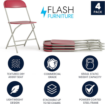 Flash Furniture Hercules Series Plastic Folding Chair - Red - 4 Pack 650LB Weight Capacity Comfortable Event Chair-Lightweight Folding Chair
