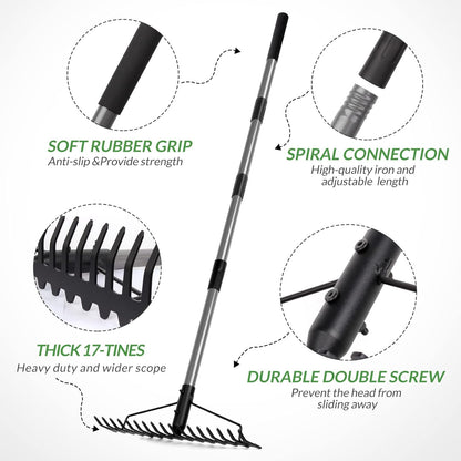 Walensee 5.4FT Bow Rake Heavy Duty Garden Rake with Stainless Steel Handle, 17 Steel Tines Garden Tool for Loosening Soil Gathering Leaf Leveling Lawn Farming Land Management Yarn Thatch Rakes