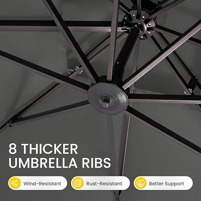 10x10 FT Cantilever Patio Umbrella Double Top Outdoor Square Large Heavy Duty Aluminum Offset Umbrellas with 7 Level Tilt 360-degree Rotation for Pool Garden Deck, Grey