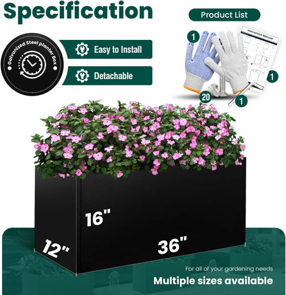Black Planter Box Galvanized Steel Metal Planter Rectangular Indoor Large Outdoor Planters Steel Metallic Heavy Flower Pot 36In x 12In x 16In Commercial Residential for Patio, Deck, Backyard, Garden