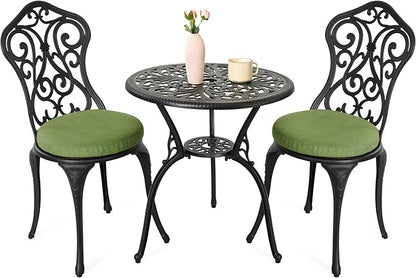 NUU GARDEN Patio 3-Piece Bistro Set with Cushions, Patio Chairs and Outdoor Round Table with Umbrella Hole, Cast Aluminum Patio Set for Lawn, Garden, Porch, Poolside, Black