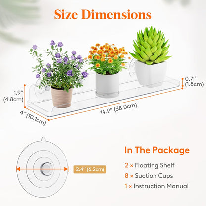 Lifewit Window Plant Floating Shelves 15 x 4 inch, 2 Pack Acrylic Suction Cup Shelf, Window Sill Extender for Indoor Succulent Plants, Micro Greens, Seed Starter Pots, Herb Planters