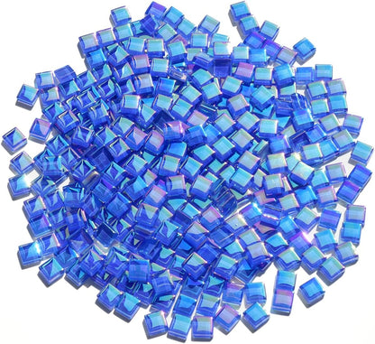 Iridescent Royal Blue Tiles for Mosaic Crafts, 300G Iridized Crystal Stained Glass Pieces for Mosaic, 1x1 cm Square Glass Tiles Great for Mosaic Art Supplies, Mosaic Tiles Home Decoration
