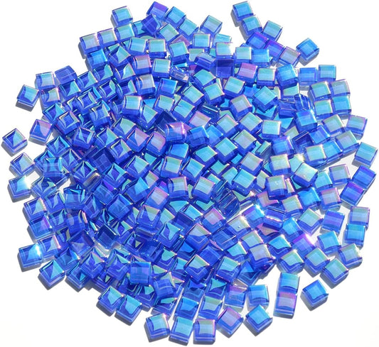 Iridescent Royal Blue Tiles for Mosaic Crafts, 300G Iridized Crystal Stained Glass Pieces for Mosaic, 1x1 cm Square Glass Tiles Great for Mosaic Art Supplies, Mosaic Tiles Home Decoration