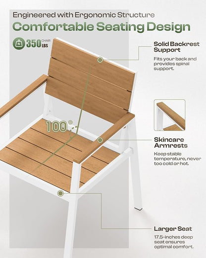 Outdoor Patio Dining Table Sets 7-Piece Aluminum and HDPS All-Weather Table and Chairs with Umbrella Hole, Patio Modern Furniture Sets for Garden, Backyard (White & Teak)