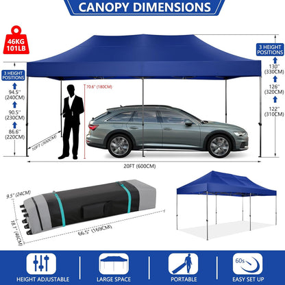 COBIZI 10x20 Pop up Canopy Heavy Duty Without Sidewalls, Easy Set-up Commercial Outdoor Party, 100% Waterproof Wedding Canopy Gazebo, 3 Height Adjustable with Wheeled Bag, Dark Blue