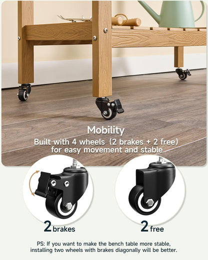 HDPS Outdoor Potting Bench with Sliding Tabletop/ 4 Wheels/Removable Sink, All-Weather Outside Garden Work Table, No Rust/Fade/Break, Potting Station for Porch, Patio & Backyard (Teak)