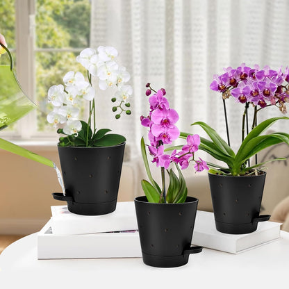 Orchid Pots with Holes, 6 Inch Self Watering Orchid Pot 2 Pack Plastic Plant Pots for Orchid, Flower (Black)